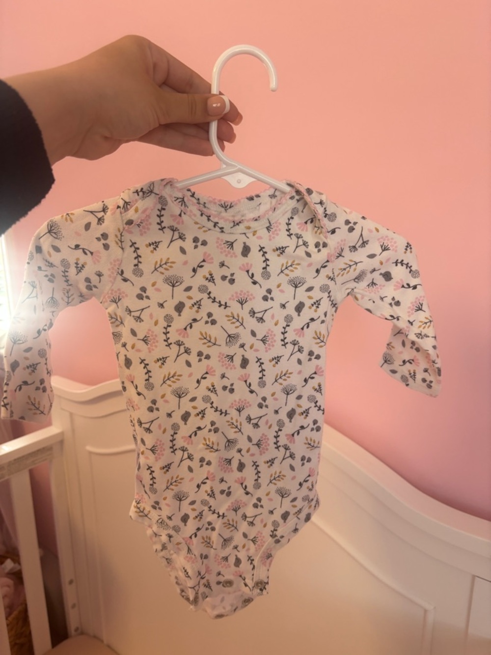 Carter's White Long-Sleeve Floral Bodysuit with Pink & Gray Accents